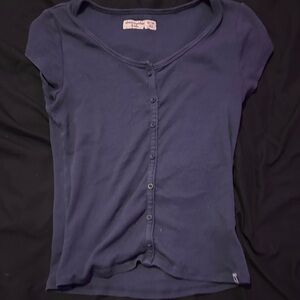Abercrombie & Fitch Navy Short Sleeve Button-Front Ribbed Top